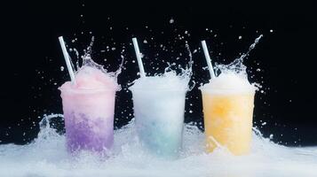 Colorful slushie drinks with straws splashing in water photo