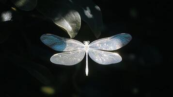 Dragonfly wings shimmer softly in warm sunlight amid lush photo