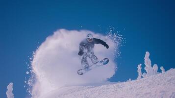 Dynamic snowboarding action captured against bright blue sky photo