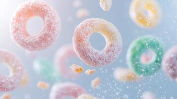 A group of colorful sugar coated donuts floating in the air photo