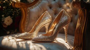 Gold Glitter Heels on Upholstered Chair photo