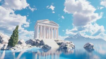 Ancient greek temple on a rock in the ocean photo