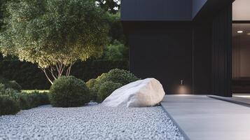 Minimalist front yard design featuring smooth pebbles photo