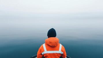 A person in an orange jacket sitting in a boat photo