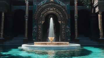 Ornate fountain cascades in ancient stone palace photo