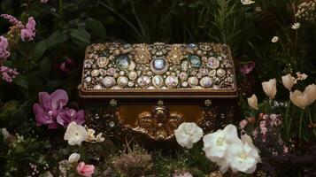 A gold and diamond jewelry box is surrounded by flowers photo