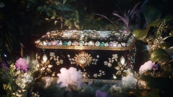 A black box with jewels on it in the grass photo