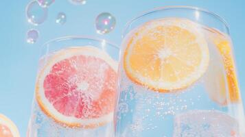 Two glasses of water with slices of citrus and bubbles photo