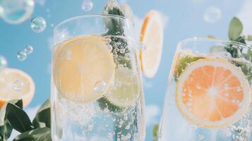 Two glasses of water with slices of lemon and orange photo