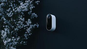A white and black camera mounted on a wall photo