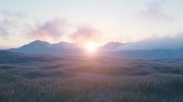 A field of grass and mountains at sunset photo