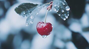 A cherry is hanging from a tree with water droplets on it photo