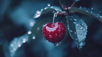 A cherry is hanging from a tree with water droplets photo