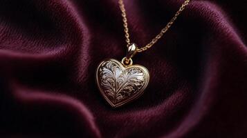 A gold heart pendant on a red velvet background photo