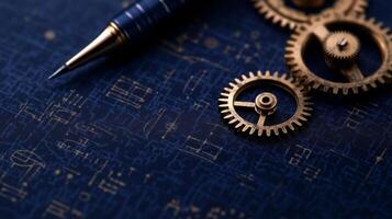 A pen and gears on a blue background photo