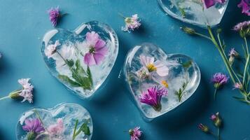 Three heart shaped ice cubes with flowers in them photo