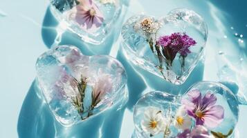 Three heart shaped ice cubes with flowers floating in them photo