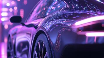 A car is shown in front of a purple light photo