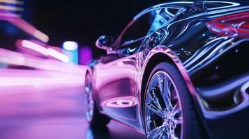 A car is shown in the foreground with neon lights photo