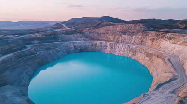 An aerial view of a large blue lake in a quarry photo