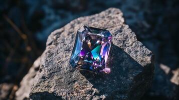A large purple and blue gemstone sitting on top of a rock photo