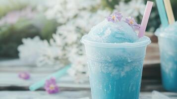Blueberry smoothie with ice cream and flowers photo