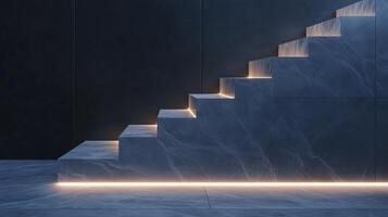 Illuminated staircase with glowing light led strip under steps photo