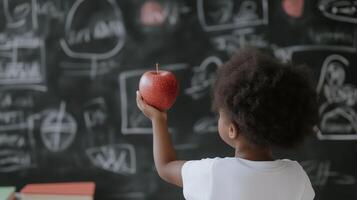 Red apple and books on a blackboard backdrop photo