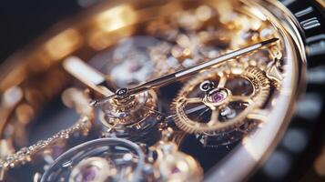 Intricate watch mechanism with golden gears and cogs photo