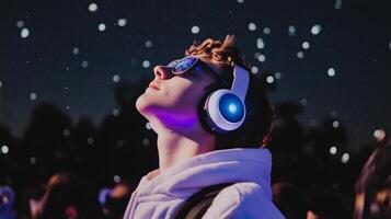 A person wearing headphones and looking up at the sky photo