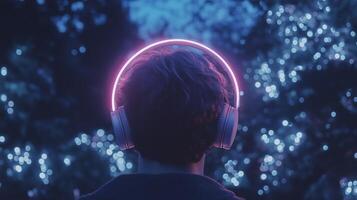 A person wearing headphones in front of a tree photo