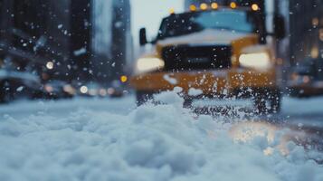 A snow plow driving down a city street photo