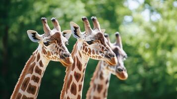 Three giraffes standing next to each other photo
