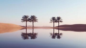 Tranquil desert oasis surrounded by palm trees photo