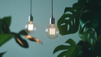 Three light bulbs hanging from a plant photo