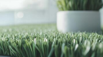 Artificial turf texture with vibrant green blades photo