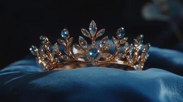 A close-up shot of a golden crown with blue gemstones photo