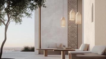 A modern cafe design featuring walls made of textured stone photo