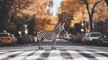 A zebra crossing the street in the middle of a city photo