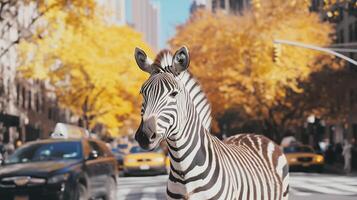 A zebra standing in the middle of a city street photo