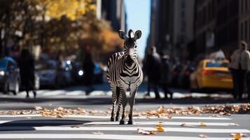 A zebra crossing the street in the middle of a city. photo