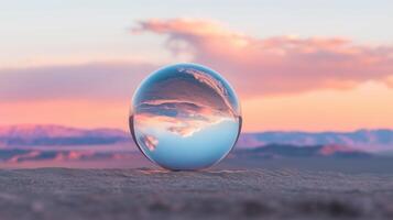 A glass ball sitting on top of a desert photo