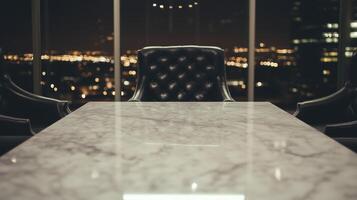 A marble table with black chairs in front of a cityscape photo