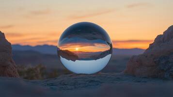 A glass ball with a sunset in the background photo
