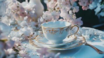 A white tea cup and saucer on a table with pink flowers photo