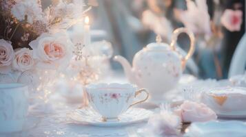 A table set for tea with pink roses photo