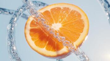 An orange is floating in water with a blue sky photo