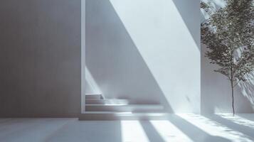 Minimalist concrete architecture with light streaming through photo