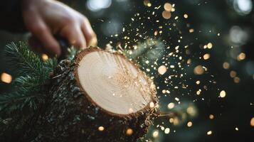 A person cutting a tree with a chainsaw photo