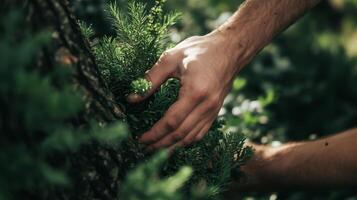 A person is picking up a small plant from a tree photo